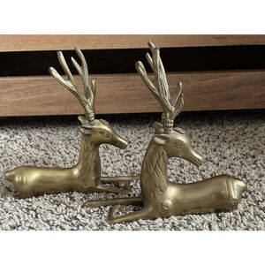 Vintage Brass Deer Figures Set Of Two 7” Laying Down Korea